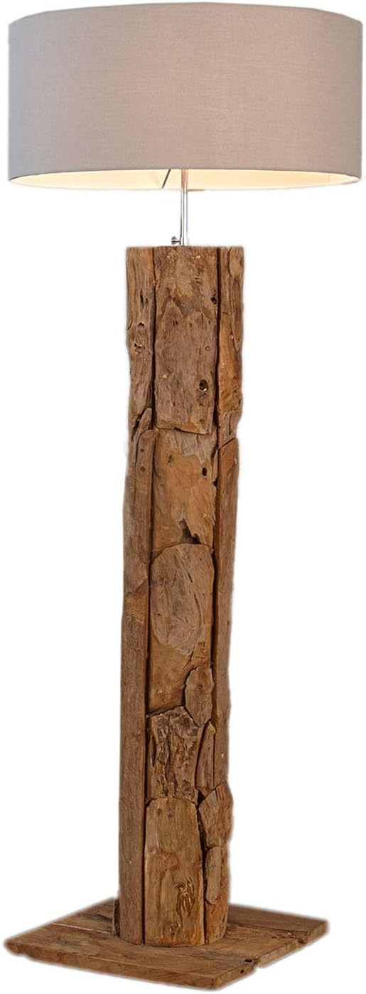 Massive Teakholz Stehlampe ROOTS sand hochwertiger Natur Leinen Stoff