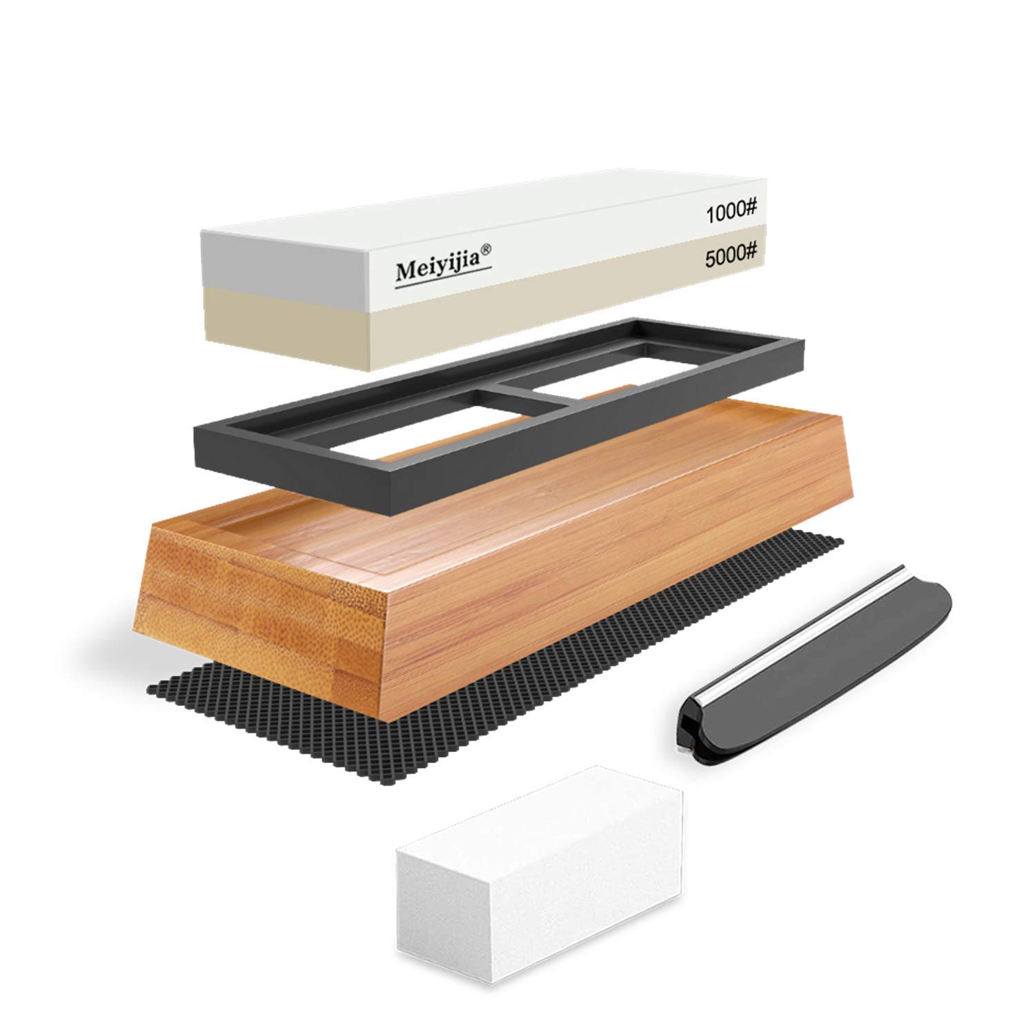 Meiyijia Knife Sharpener, Premium 2-in-1 Whetstone Waterstone Kit, 5000/10000 Grit, Non-Slip Bamboo Base, Angle Guide, Flattening Stone, Ideal for Kitchen Knives, Precision Tools