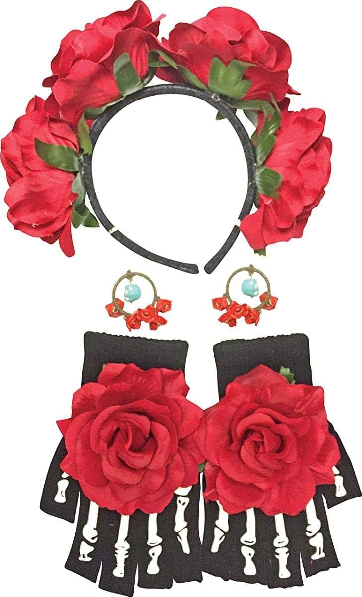 Forum Novelties Day of the Dead Costume Accessory Kit for Women - Includes Headband, Earrings & Gloves