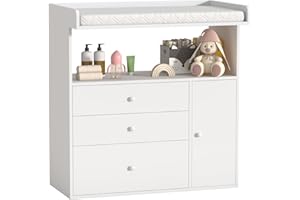 GOFEI Baby Changing Table Dresser with Wide Tabletop, 3 Drawers & 1 Cabinet, 1 Storage Cubbies，Baby Dresser with Changing Table Top, Perfect for Baby Bedrooms & Nurseries