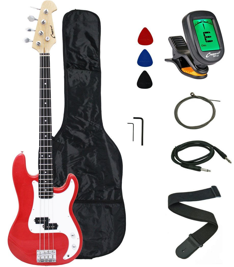 Crescent Electric Bass Guitar Starter Kit Red Metallic Color (Includes CrescentTM Digital E