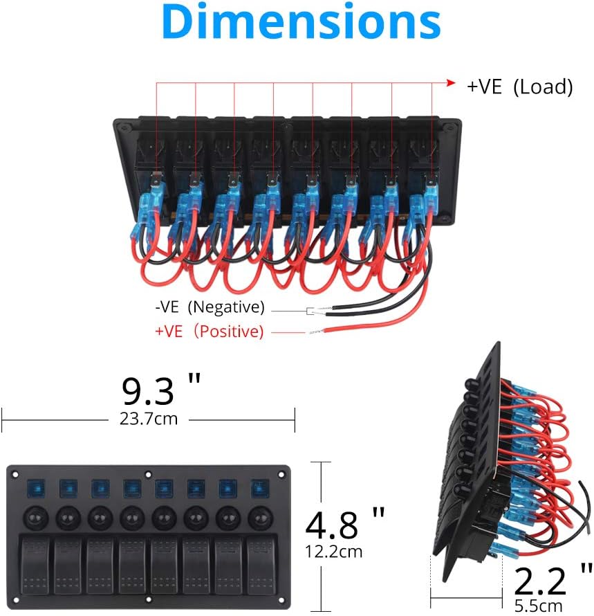 WATERWICH Marine Boat Car 8 Gang ON-Off Ignition 3 Pin Waterproof Toggle Rocker Switch Panel 12V/24V Circuit Breaker Blue LED Indicator for RV Vehicle Truck Trailer Yacht ATV (8 Gang Blue): Automotive