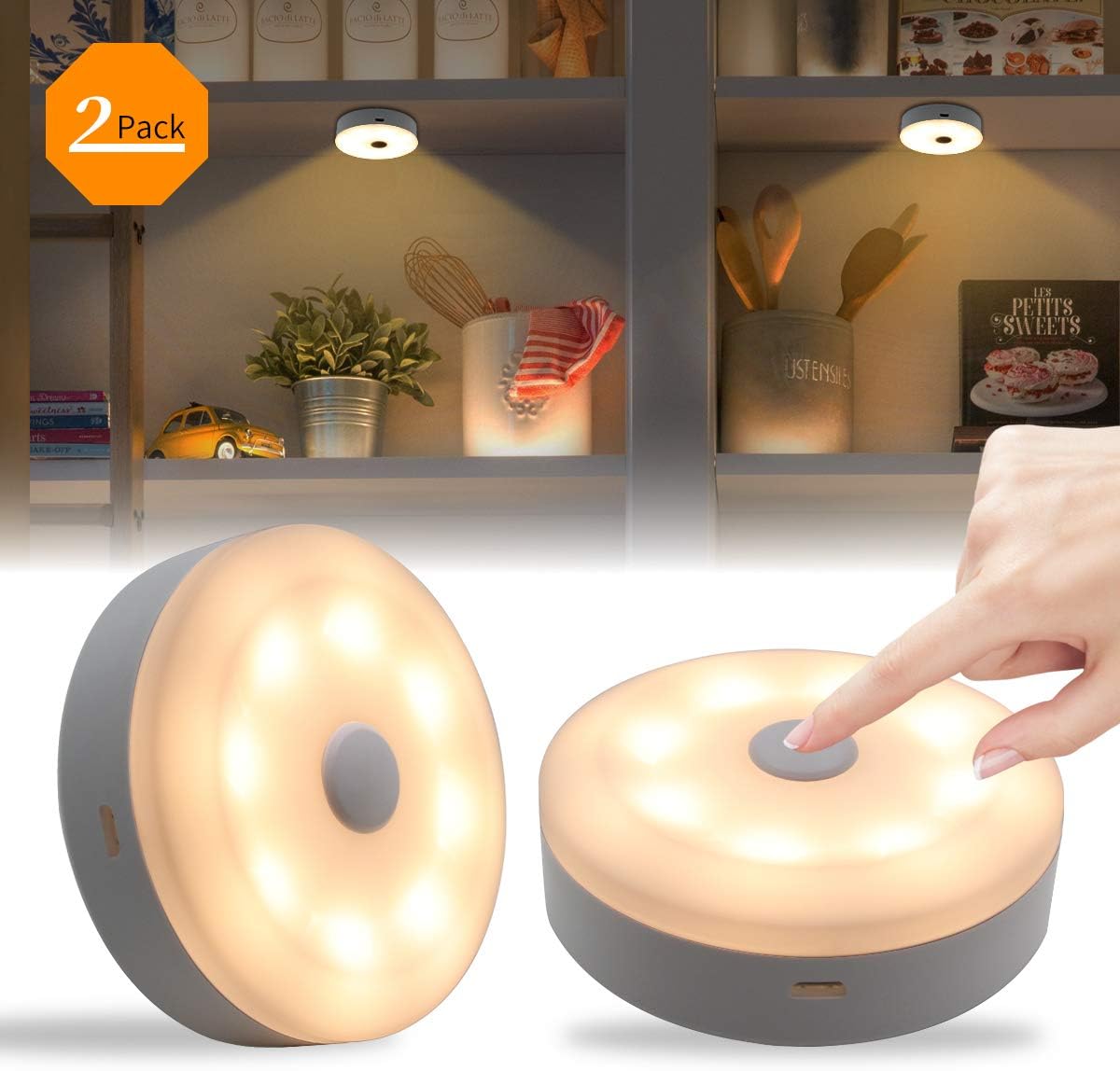Under Cupboard Lighting, Bason Under Cabinet Lights USB Rechargeable Button Wireless Puck Lights, Night Lights for Kitchen Closet Bedroom Wardrobe Warm White 3000K No Batteries Stick-Anywhere 2pcs