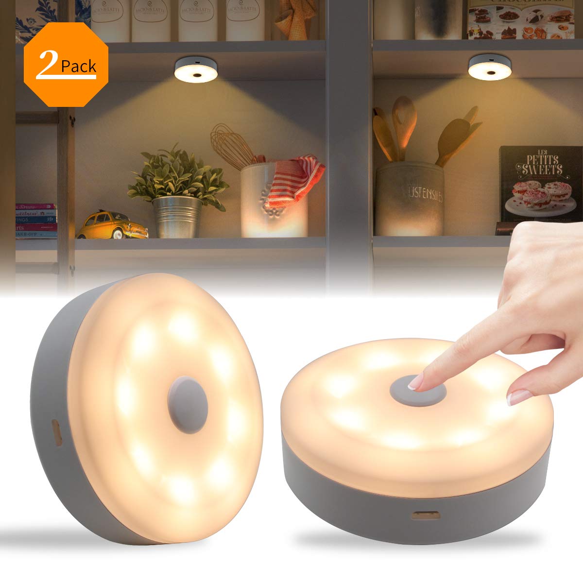 Under Cupboard Lighting, Bason Under Cabinet Lights USB Rechargeable Button Wireless Puck Lights, Night Lights for Kitchen Closet Bedroom Wardrobe Warm White 3000K No Batteries Stick-Anywhere 2pcs