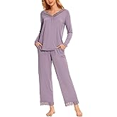 GYS Bamboo Viscose Women's Pajama Sets Long Sleeve Lace V-Neck Soft 2 Piece Sleep Set