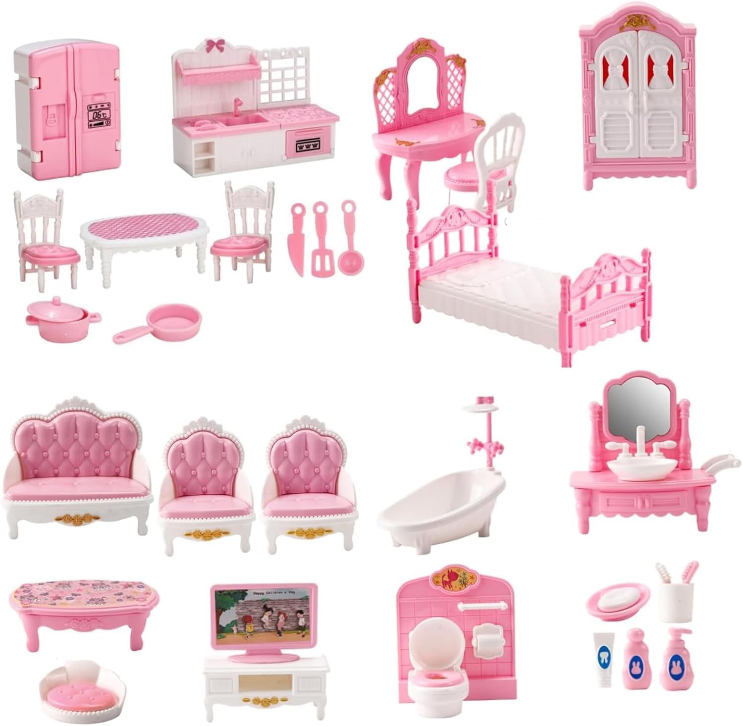 32 Pcs Dolls House Furniture Set, Miniature 1:12 Scale Mini Doll House Furniture with Kitchen, Dining Room, Living Room, Bedroom, Bathroom for Playhouse