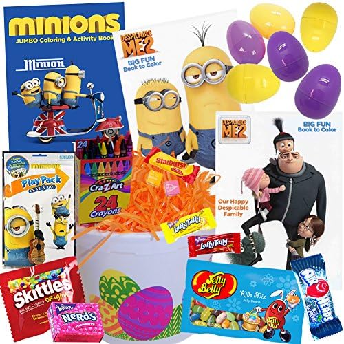 Minions Easter Basket - Includes 20 Pieces - Minion Basket with Minions Yellow Purple Easter Eggs - Candy Coloring Despicable Me Activity Books Crayons Jelly Beans and White Basket with Easter Grass