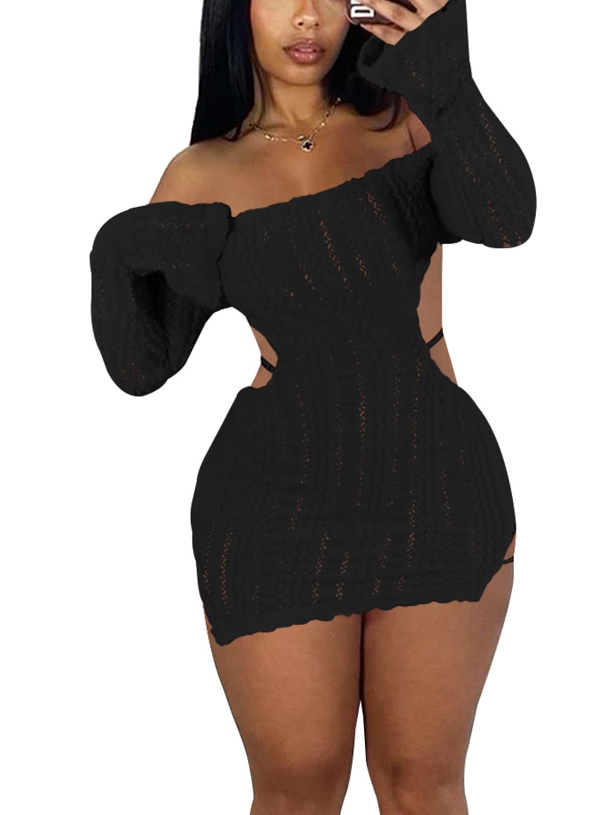 Photo 1 of Sexy Off Shoulder Fuzzy Y2K MIni Dress for Women Strappy Backless Long Sleeve Party Club Birthday Dresses Date Night Black