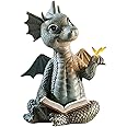 JARPSIRY Cute Dragon Reading Book Statue, 5.9-Inch Tall Dinosaur Holding Butterfly Figurines Art Resin Sculpture Outdoor Garden Decor Home Desk Ornaments