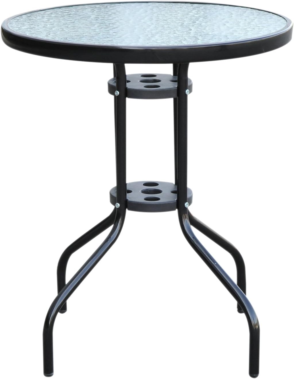 Outsunny Bistro Coffee Table Outdoor Tempered Glass Top Table Garden Round Dining Table - 60cm Diameter, Black, Φ60×70H (cm)