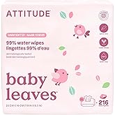 ATTITUDE Baby Water Wipes, EWG Verified, Safe for Newborns, Unscented & Fragrance-Free, 99% Water, Gentle & Hypoallergenic, V