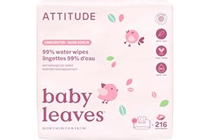 ATTITUDE Baby Water Wipes, EWG Verified, Safe for Newborns, Unscented & Fragrance-Free, 99% Water, Gentle & Hypoallergenic, V