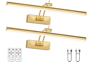 Yuichoy 2 Pack Picture Light Battery Operated for Wall, 16" Wireless Display Art Lighting for Painting with Remote, Dimmable 5200mAh Library Light, Picture Frame Lights for Gallery, Brass