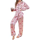 WDIRARA Women's 2 Piece Bowknot Print Satin Pajama Set Long Sleeve Button Down Lounge Pants Sleepwear Sets