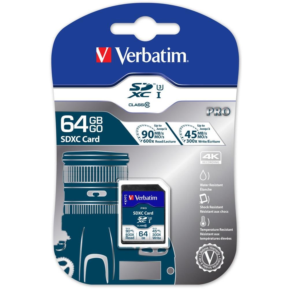 Verbatim Pro U3 SDXC - 64 GB Memory Card, SD Card, For 4K Video Recordings, Water and Shock-Resistant, black