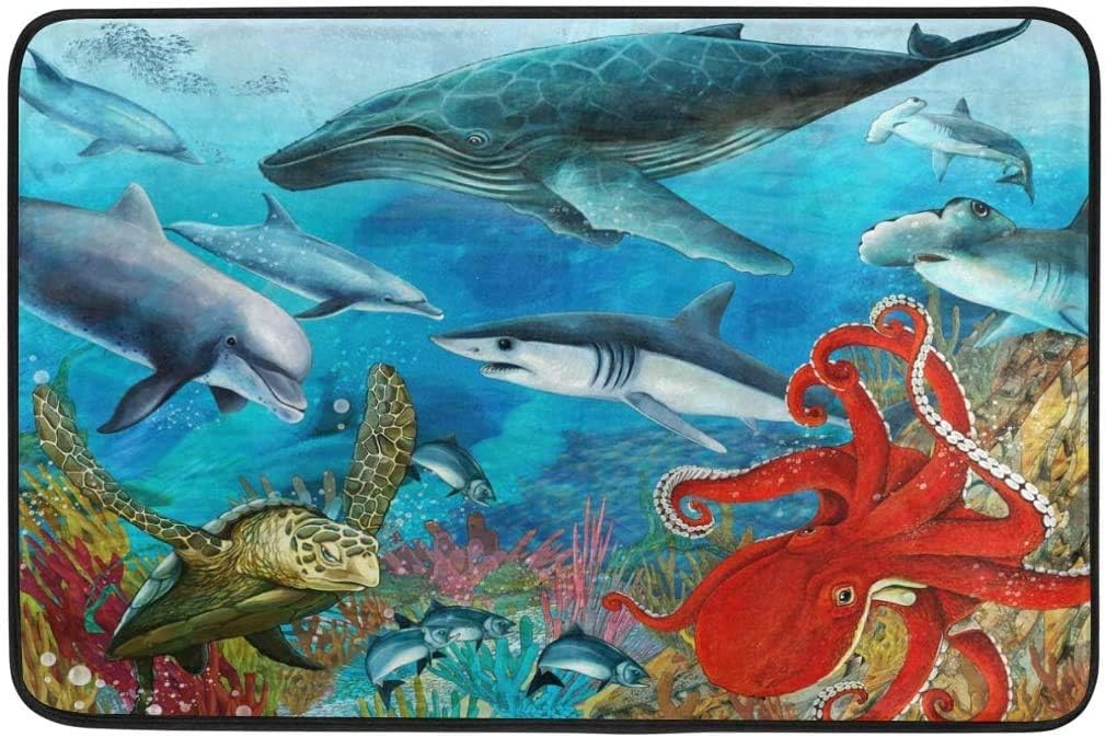 NOT Ocean Sea Turtle Coral Reef Shark Octopus Doormat Indoor Outdoor Entrance Skid Resistant Carpet Mat Bathroom 23.6 x 15.7 inch
