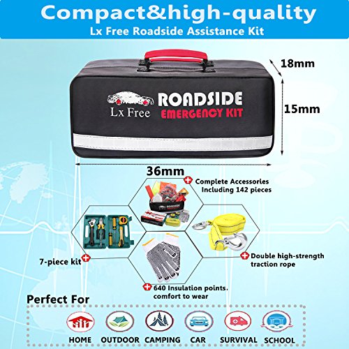 Lx Free 142-Piece Roadside Assistance Auto Emergency Kit with Jumper Cables,Tow Rope, Bandage, Safety Vest,Multi-function flashlight etc, All Ultimate Supplies in One Pack For Your Car Truck Or SUV