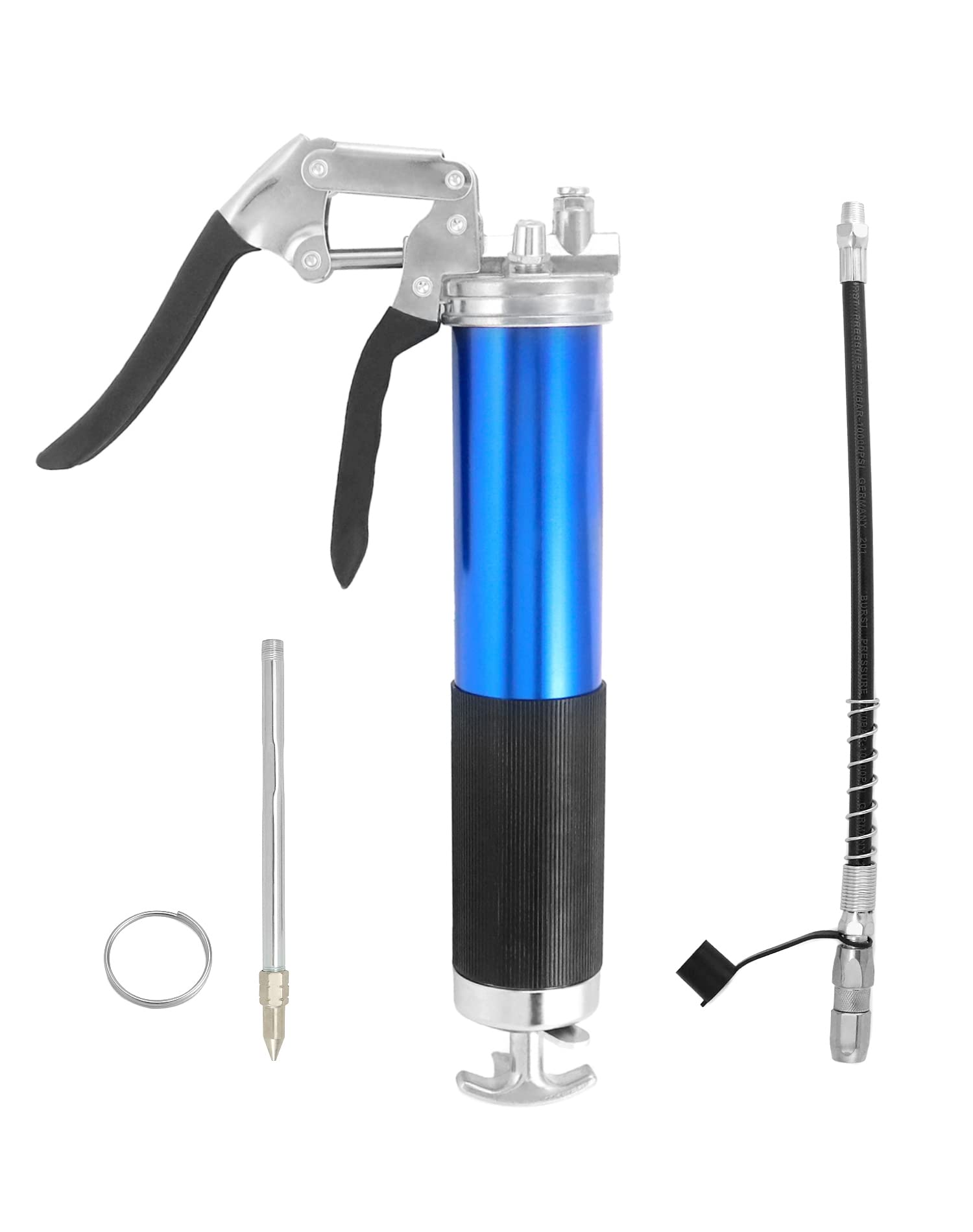 QWORK® Heavy Duty Grease Gun, Grease Gun Tool, 6000PSI-7000PSI, 14oz With Flex Hose, Rigid Extension And Nozzle, Blue