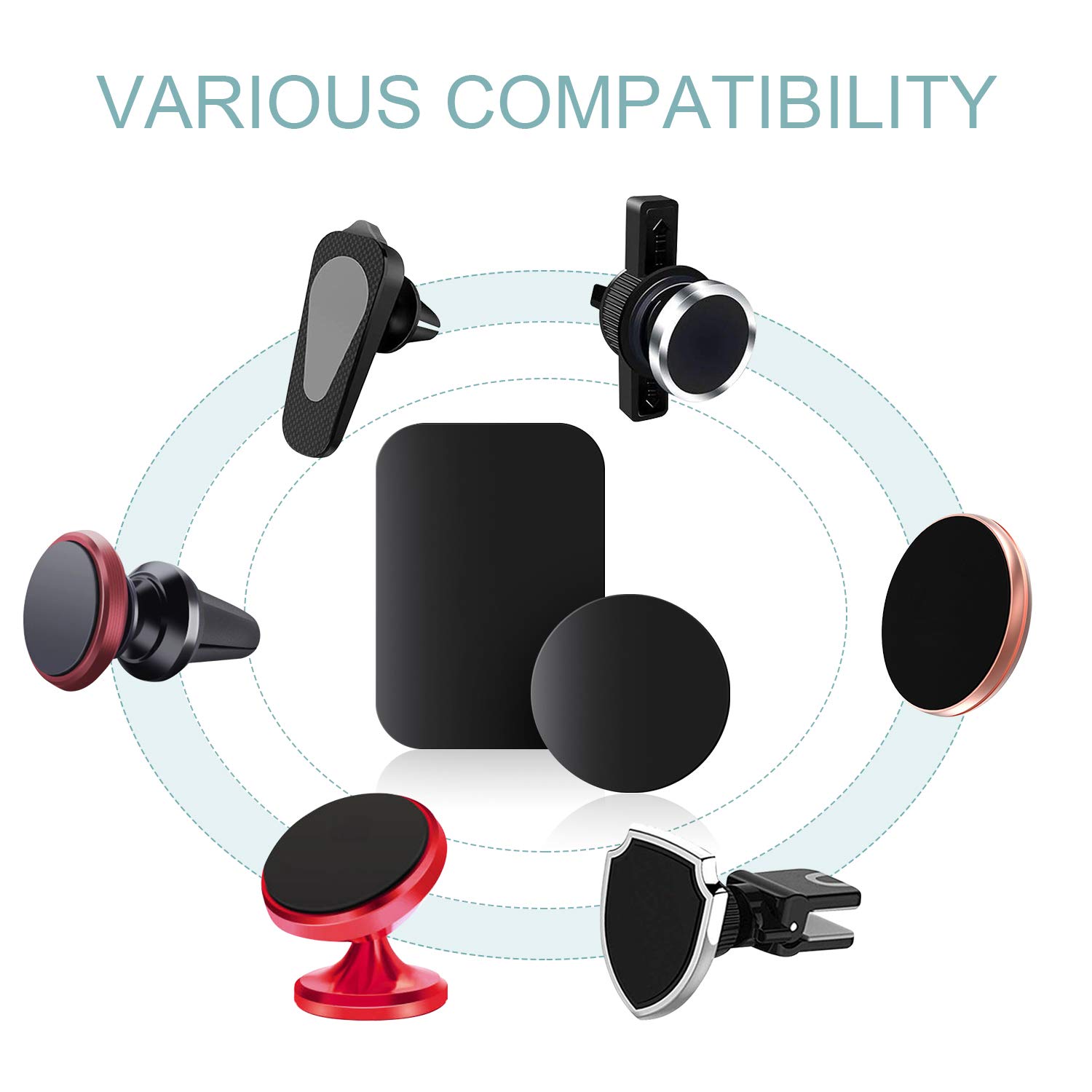 MENNYO Plaques de métal Lot de 12 pour Support téléphone Voiture magnétique, Plaque de métal Mince avec Adhésif pour Aimant de téléphone - 6 Rondes et 6 Rectangles