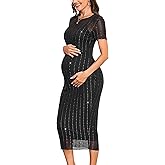 AISWI Sparkly Mesh Maternity Dress Short Sleeve 2 Piece Bodycon Midi Pregnancy Dress for Baby Shower Wedding Guest Party