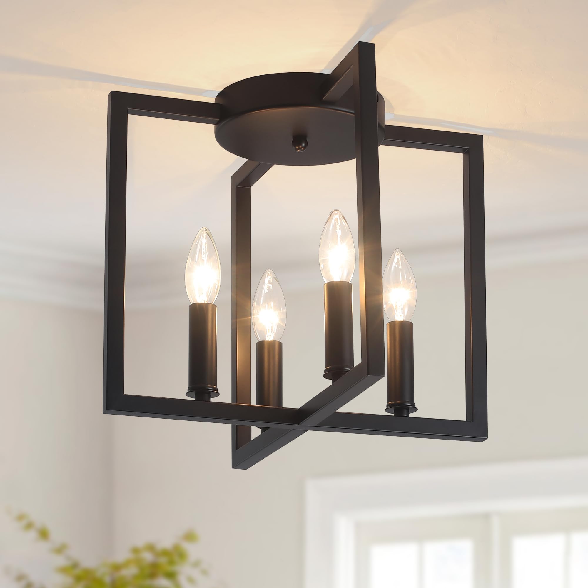 Photo 1 of Bosomfr Semi Flush Mount 4-Light Black Ceiling Light, Modern Farmhouse Industrial Light with Geometric Metal Shade, Kitchen, Hallway, Bathroom