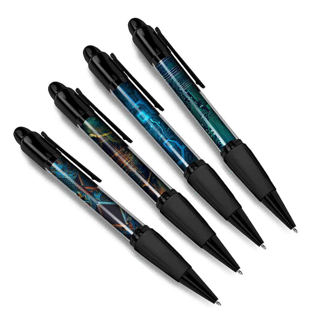 DV DESIGN Set of 4 Circuit Board Black Ballpoint Pens - Computer Motherboard Technology Electronics Pattern Boys Girls Men Women Theme Pen #79414