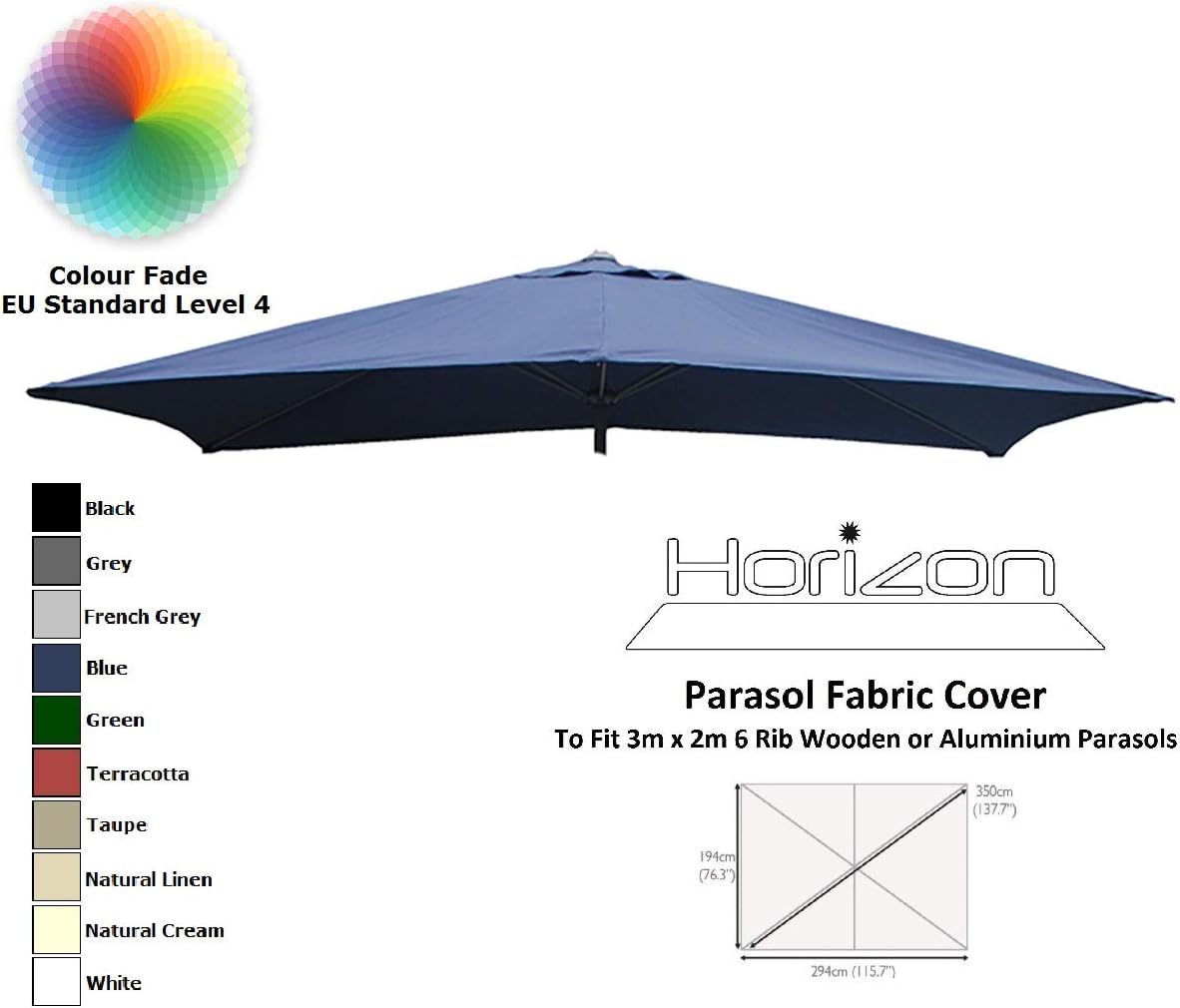 Toldo de tela de repuesto para sombrilla, rectangular, de 3 x 2 m, para 6 varillas, azul