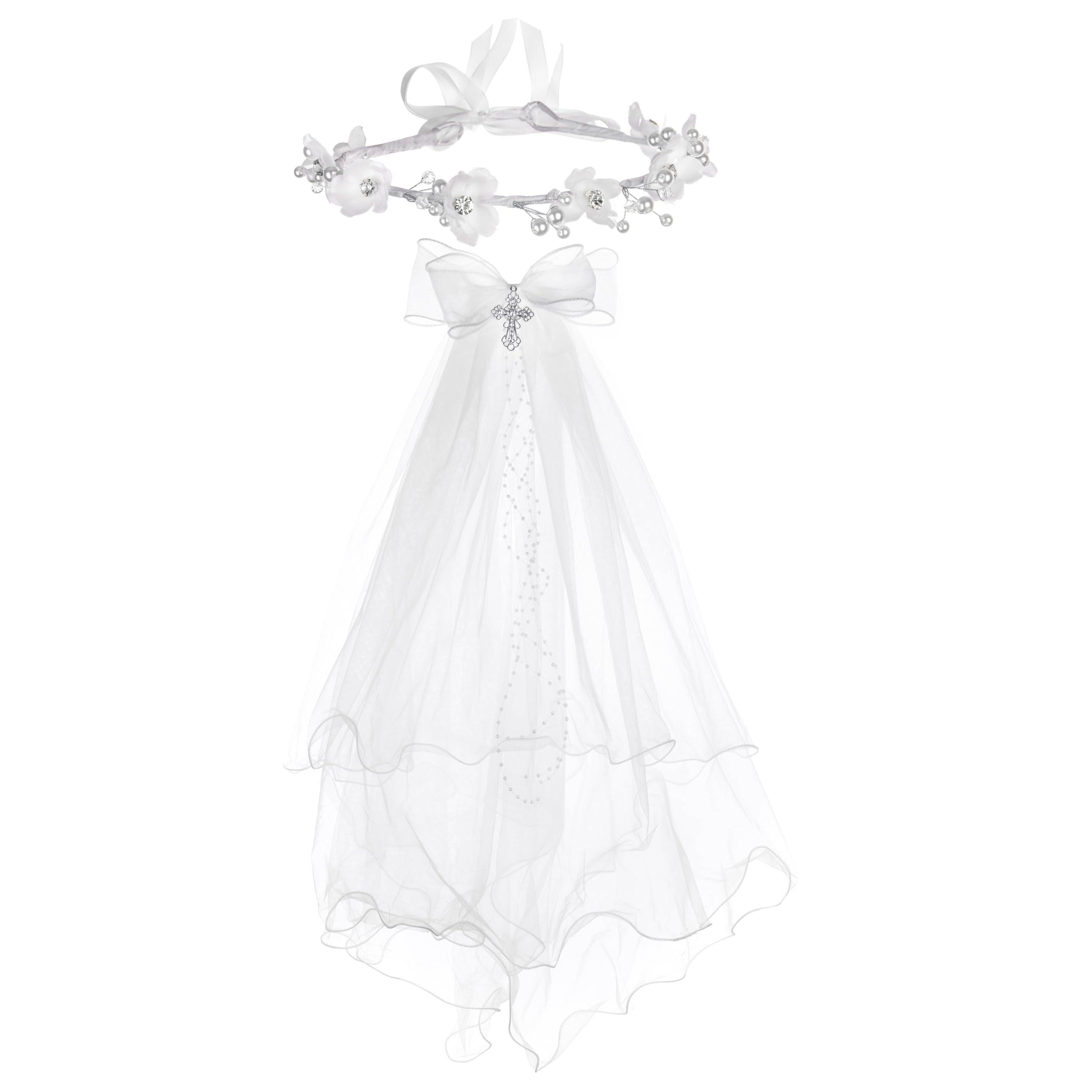 Merroyal Girls Communion Bow and Dangle Cross Charm with 24 Inch Veil on Hair Comb,with White Floral Crown (Crown with Cross Charm Veil, One Size)