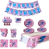 Pink Cartoon Birthday Party Supplies Set for Kids, 83 PCS – Tableware, Banner, Plates, Napkins, Cake Topper, Popcorn Boxes & Blowouts for 16 Guests