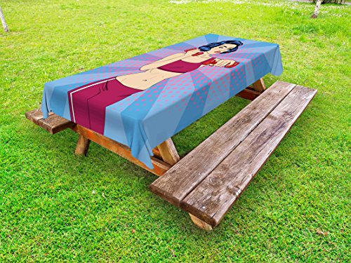 Ambesonne Fitness Outdoor Tablecloth, Pop Art Woman Figure Doing Exercises with Dumbbells Healthcare Vitality Retro Style, Decorative Washable Picnic Table Cloth, 58 X 120 Inches, Multicolor