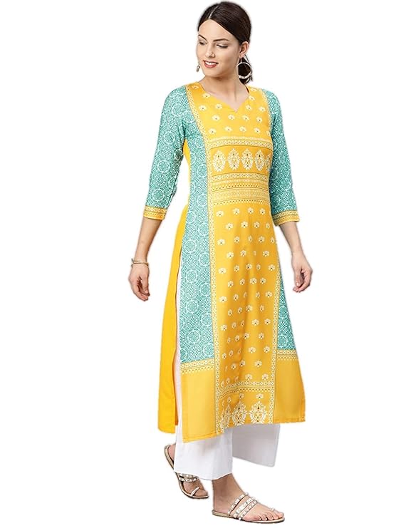 Women's Poly Crepe straight Kurta (VPK1583Par_ Yellow_ Large)