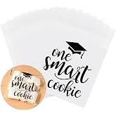 Whaline 100-Pack Graduation Treat Bags - "One Smart Cookie" Design, Self-Adhesive, Kraft Paper, 5x7.1"