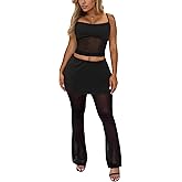 Women's See Through Lace 2 Piece Outfit Sheer Mesh Sleeveless Tube Top and Bodycon Flare Pants Sets Outfit Clubwear