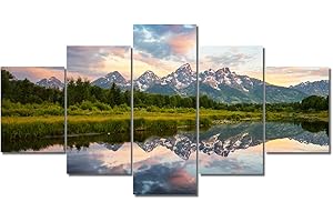 TUMOVO Canvas Wall Art American Fantastic Sunrise Landscape in Grand Teton National Park, 5Pcs Modern Landscape Artwork Scenery Painting for Home Decoration Wall Decor Stretched and Framed Ready to Hang