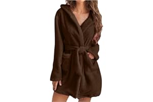 HUILAIBAZO Womens Fuzzy Robe Mid Length Bathrobe Belted Soft Bath Robes Plush Kimono Robe with Pockets Fall Winter Spa Robes