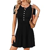 Rooscier Women's Button Down Crew Neck Short Sleeve Ruffle Hem A Line Flare Mini Dress