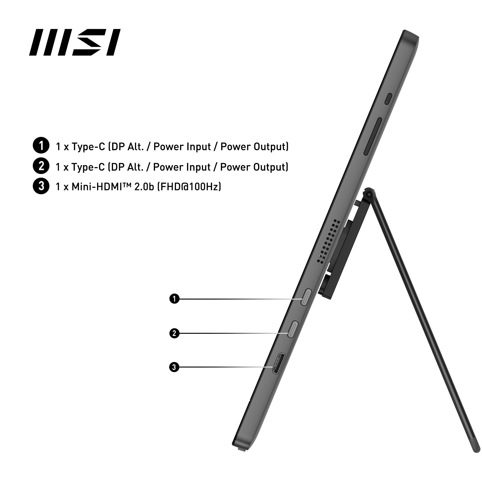 MSI PRO MP161 E2U 15.6 Inch Full HD Portable Monitor - 1920 x 1080 IPS, 60Hz, Eye-friendly, for PC, Laptop, Mobile, Speaker, Improved Housing & Kickstand, Mini HDMI 2.0b, 2 x USB Type-C