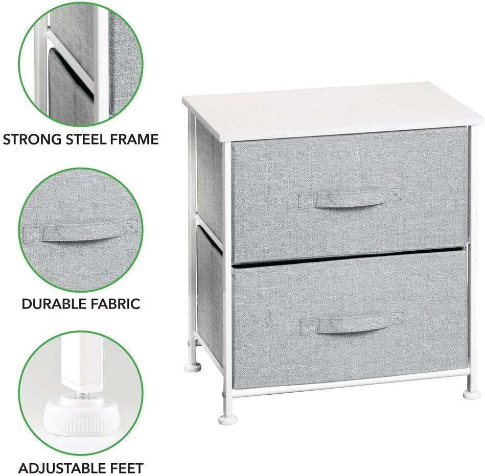 mDesign Night Stand/End Table Storage Tower - Sturdy Steel Frame, Wood Top, Easy Pull Fabric Bins - Organizer Unit for Bedroom, Hallway, Entryway, Closets - Textured Print - 2 Drawers - Gray/White -