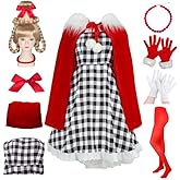 Pigmiss 8PCS Cindy Costume Women Adult Houndstooth Dress with Cindy Wig Cape Halloween Christmas Cosplay Accessories