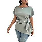 Floerns Women's Plus Size Asymmetrical Tops Pleated Crew Neck Short Sleeve Belted Blouse