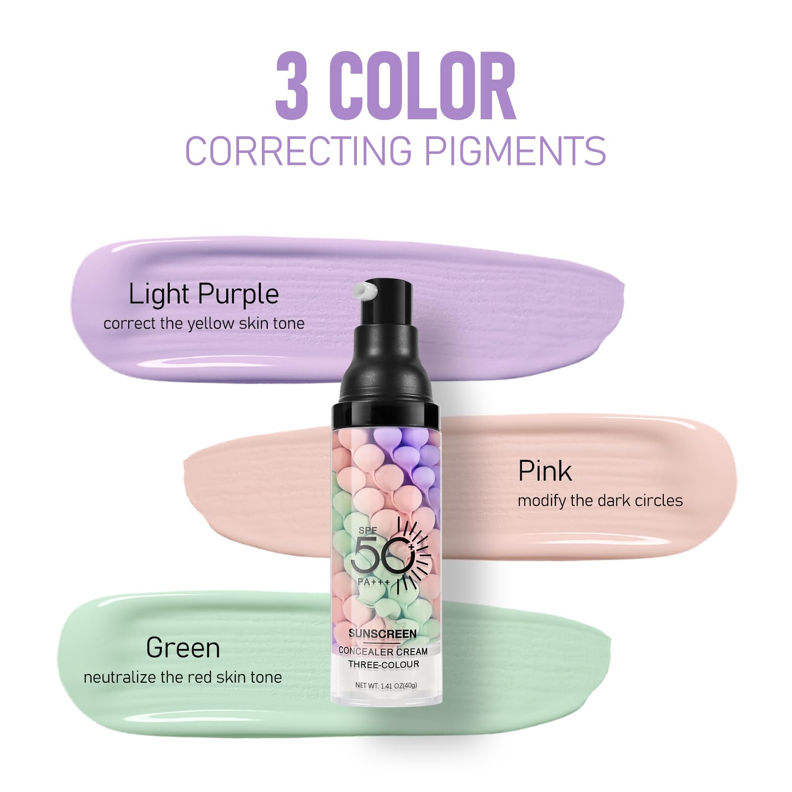 KYDA Color Correcting Primer,SPF Makeup 50 PA+++,Color Correcting Serum, Moisturizing Makeup Primer, One Step Brightening Primer to Even Skin Tone, Oil Control Skin Corrector,Purple Pink Green