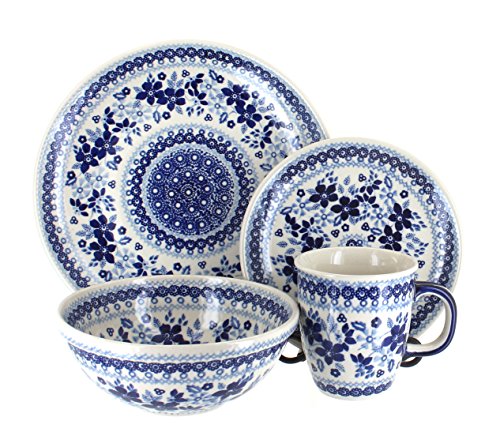 Blue Rose Polish Pottery Vintage Blue Daisy 4 Piece Dinner Set