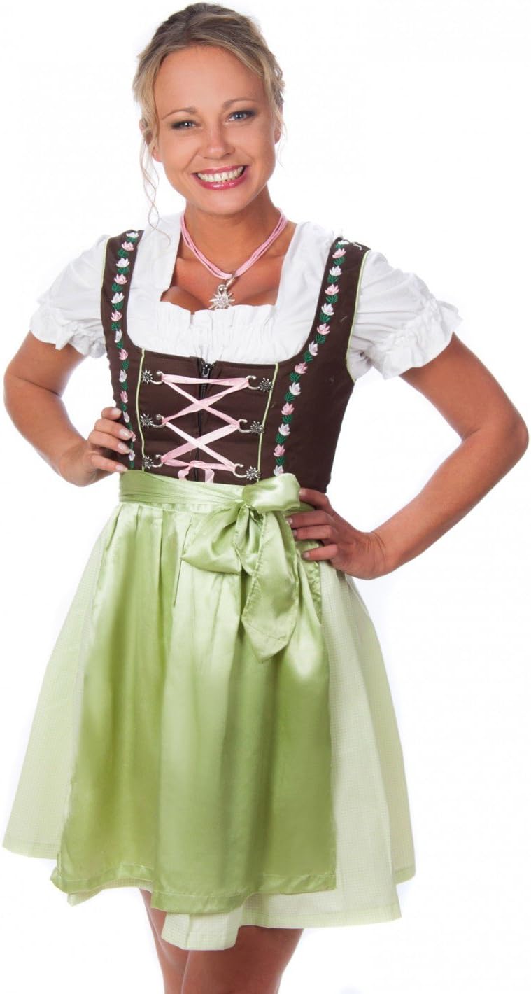 Edelnice Trachtenmoden Bavarian Women's Dirndl Dress 3-Pieces with Apron and Blouse Green Pink