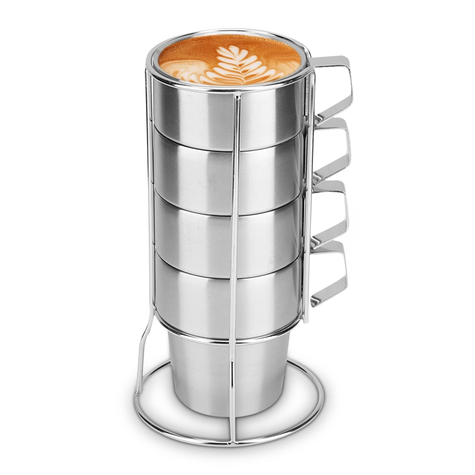 HERCHR Espresso Cups with Stand Rack,300ml Stackable Cappuccino Cups Stainless Steel Tea Coffee Mugs with Metal Stand for Cold Drinks or Hot Drink