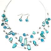 LittleFathand Layered Crystal Beaded Necklace Earrings for Women Natural Stone Bead Choker Necklace Bohemian Crystal Ball Dangle Earrings Summer Gift Jewelry Set