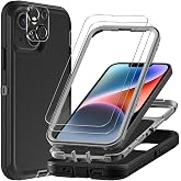 TFDSEUGH for iPhone 13 Case with 2Pcs Tempered Glass Screen Protector and 1Pcs Camera Lens Protector, Military Grade 3 in 1 Heavy Duty Shockproof/Drop Proof/Dust Proof Case (Black/Grey)