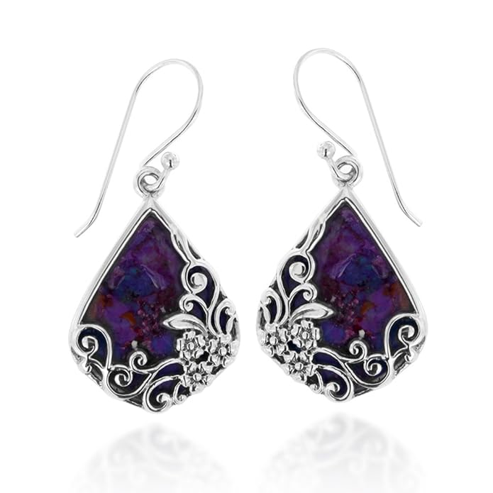 925 Oxidized Sterling Silver Decorative Purple Turquoise Gemstone Triangle Tear Drop Dangle Earrings