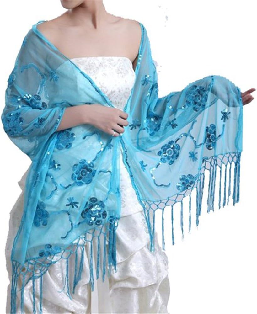 Women's Sheer Mesh Sequin Wedding Evening Wrap Shawls Embroidery Party Scarves