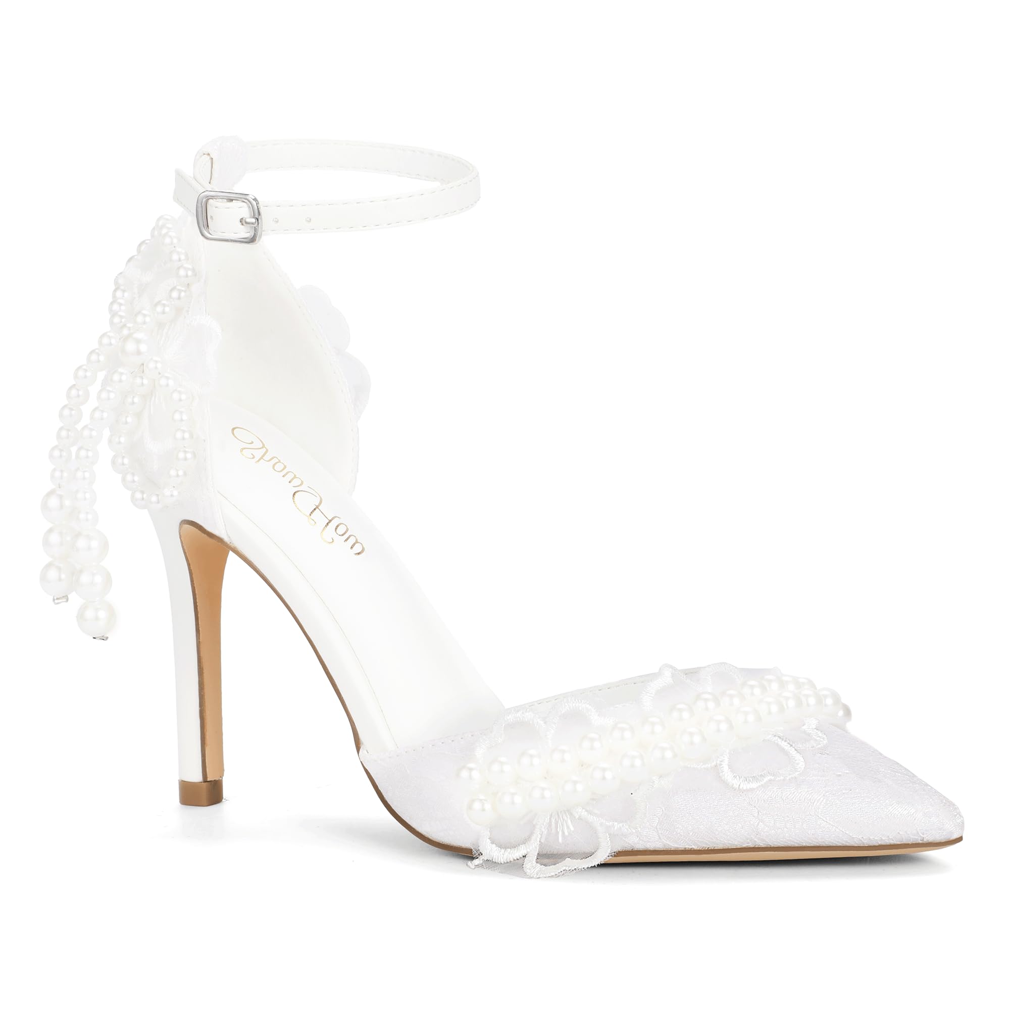 Photo 1 of Mofri ShowHow Womens Pearl Lace Bow Heels Stiletto Closed Pointed Toe High Heels Bridal Shoes Ankle Strap Pumps Wedding Dress Shoes(White,7.5)