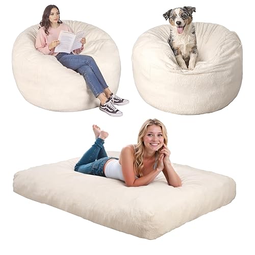 LFCREATOR Giant Bean Bag Chair for Adults, Faux Fur Bean Bag Chair Bed with Mattress Bed Use, Convertible Bean Bag Sofa Bed with Filler Included for Living Room,Bedroom, White.Large-Sized